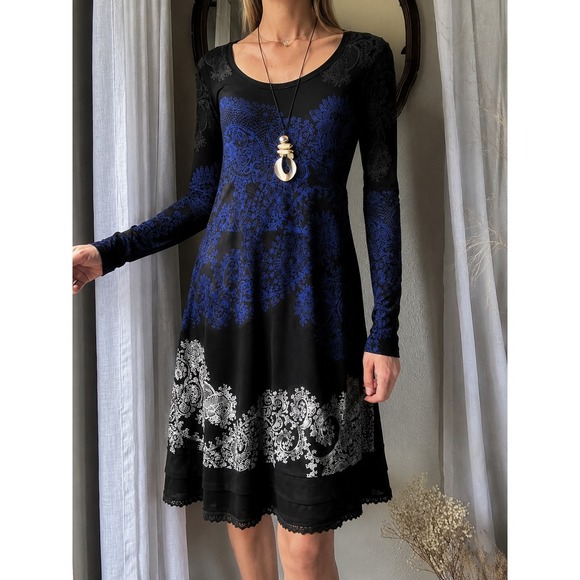 Desigual Dresses & Skirts - Desigual Y2K Dress Black Paisley Sz M Embroidered Long Sleeve Whimsigoth Euro